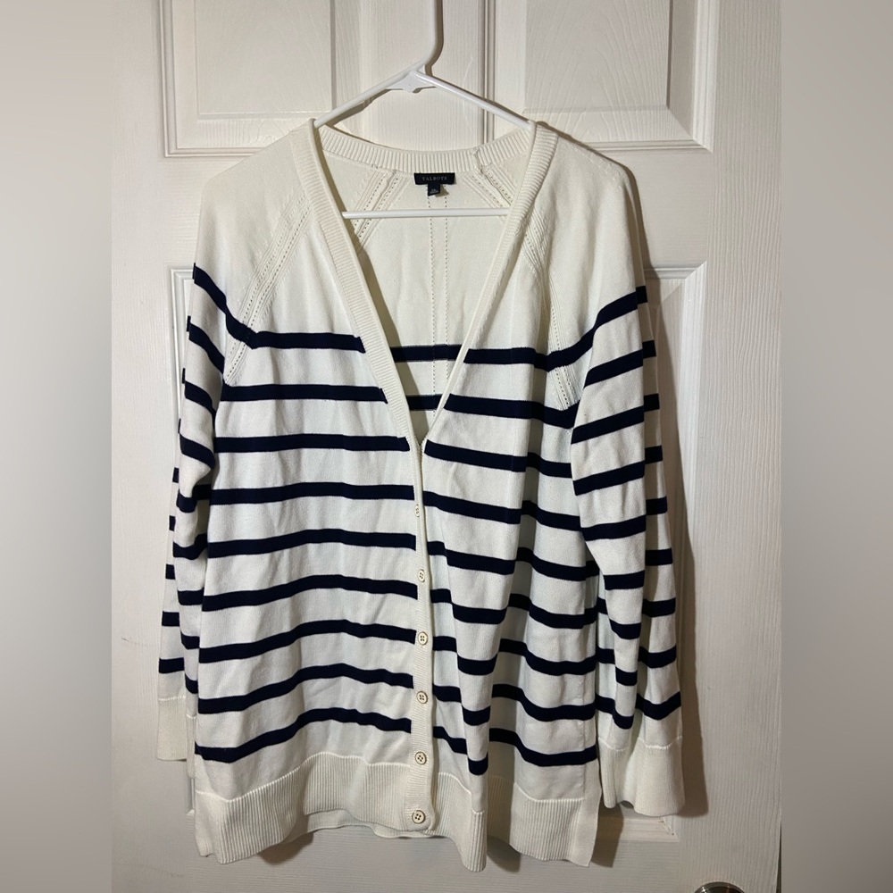 Talbots Navy and White Striped Cardigan